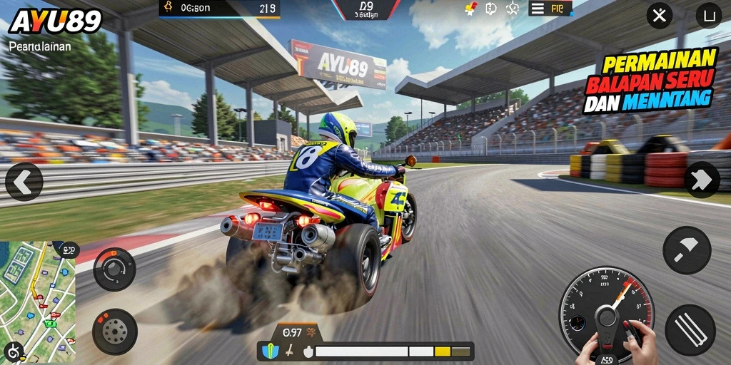 Screenshot AYU89 menampilkan aksi balapan yang seru di lintasan yang menantang.