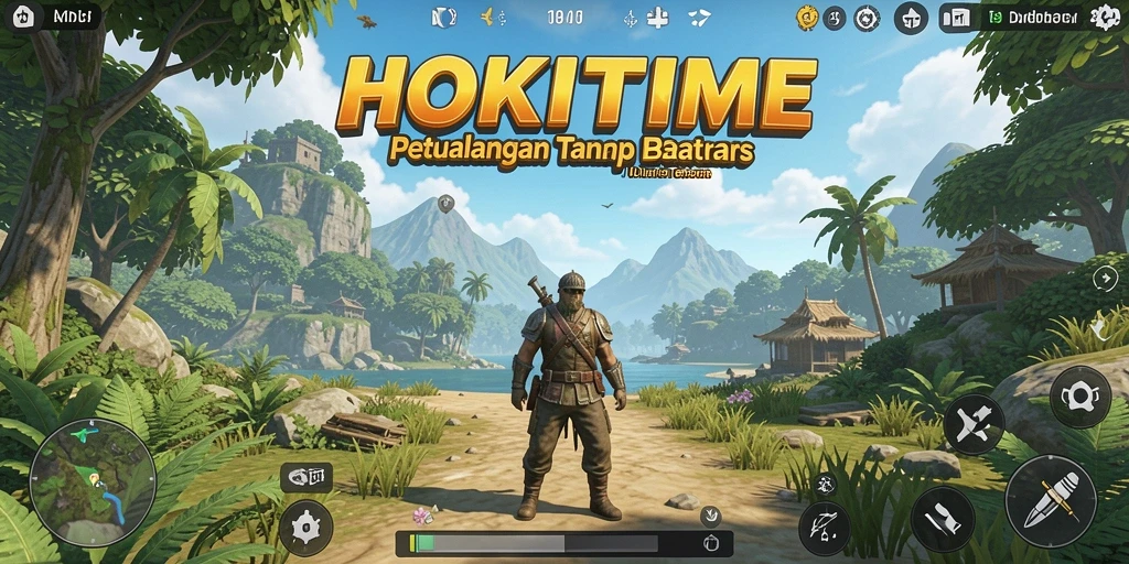 Screenshot permainan HOKITIME menampilkan pemandangan indah dunia terbuka.