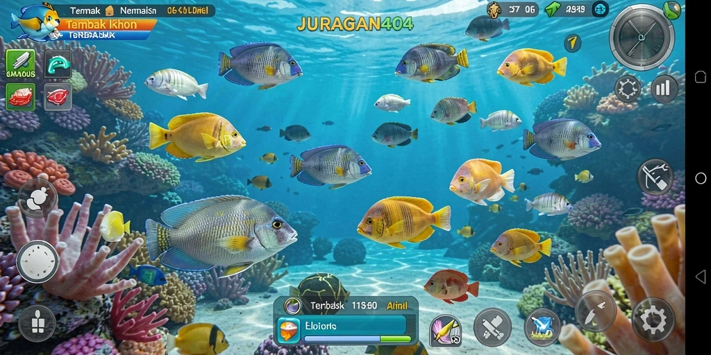 Tampilan aksi seru saat menembak ikan dalam JURAGAN404.