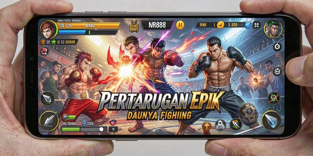 Tampilan mendebarkan dari gameplay Fighting MR888 dengan karakter dan arena yang dinamis.