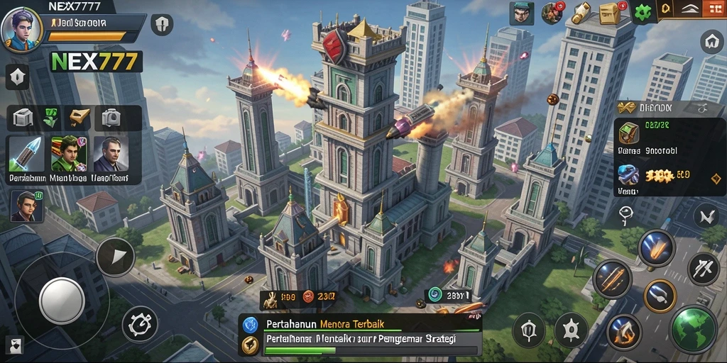 Screenshot dari gameplay NEX777 yang menunjukkan menara bertahan melawan gelombang musuh.