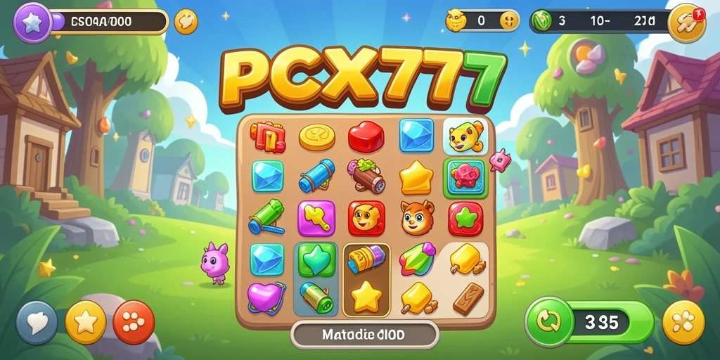 Screenshot gameplay PCX777 menampilkan level Match-3 yang penuh warna.