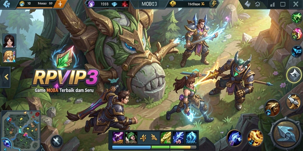 Screenshot utama RPVIP3 menampilkan pertarungan tim yang seru dalam laga MOBA.