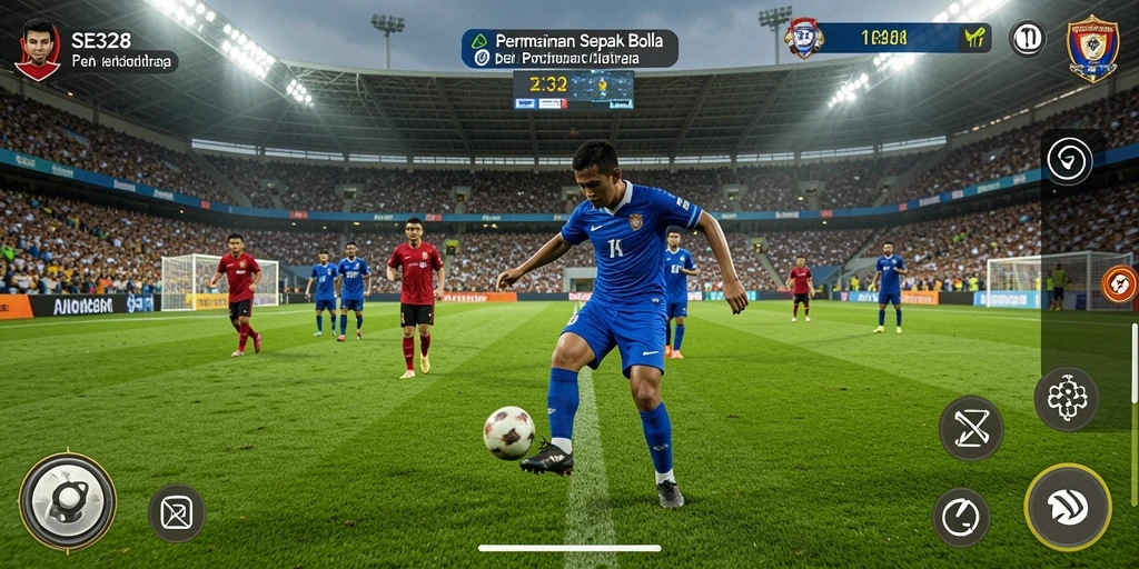 Screenshot gameplay SE328 menampilkan pertandingan sepak bola yang mendebarkan.