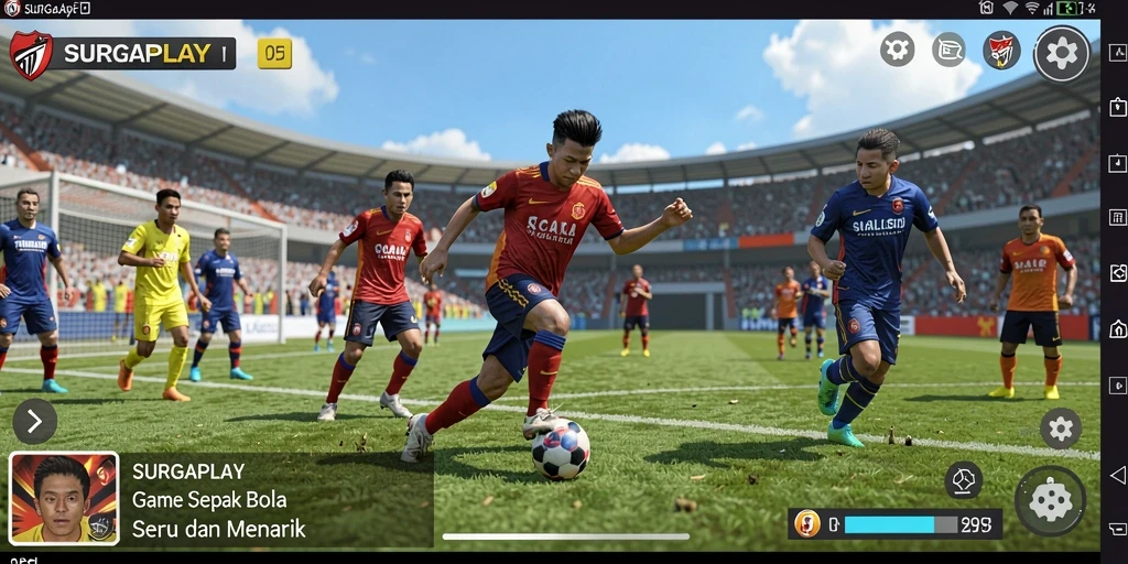 Screenshot gameplay SURGAPLAY yang menunjukkan aksi sepak bola yang mendebarkan.