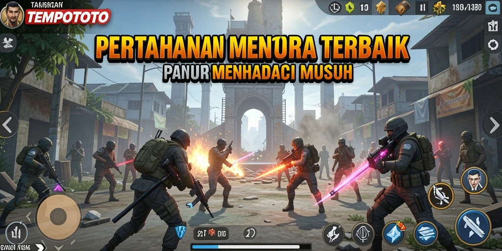 Tampilan utama TEMPOTOTO menunjukkan aksi pertahanan menara yang mendebarkan.