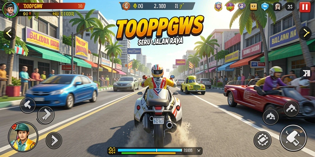 Tampilan balapan seru dengan mobil kustom dan lintasan menantang.